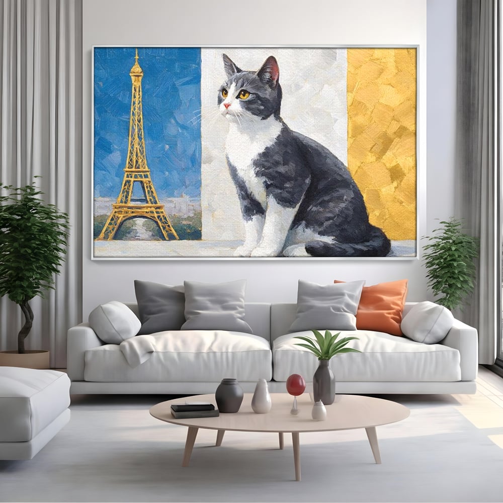 Tablou canvas cu tablou canvas cu pisica si turnul eiffel, in rama de aluminiu argintiu, pe perete intr-un living